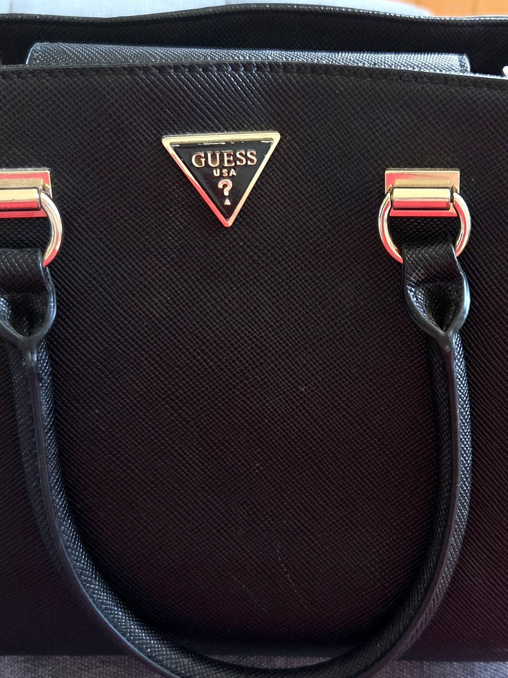 GUESS Black Saffiano Structured Satchel with Gold Hardware